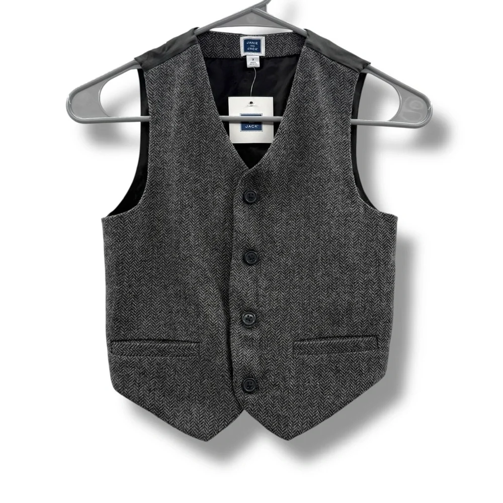 Janie and Jack NWT Houndstooth Chevron Vest Boys’ Size 7 Black White Gray Button
